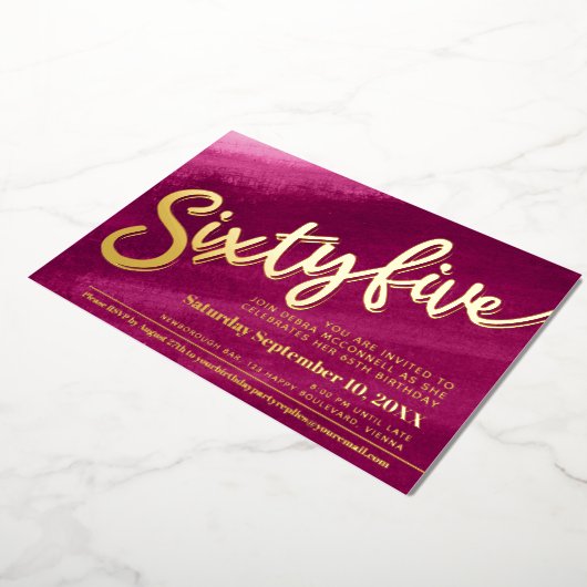 65 65誕生日金ゴールド赤ピンクの写真 箔招待状 (回転した状態)