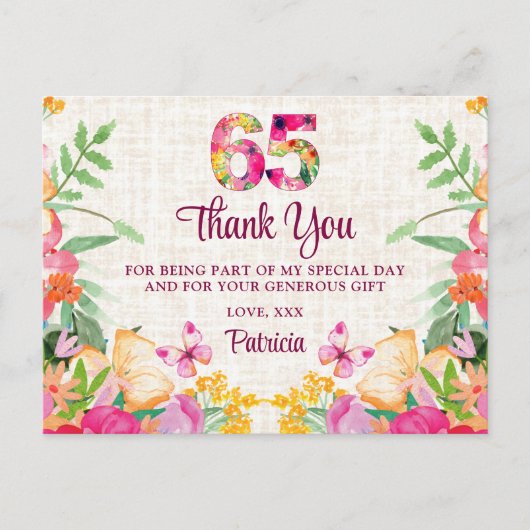 65 Years Flowers Floral Linen 65th Birthday Thanks ポストカード (正面)