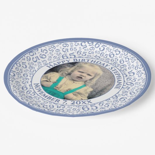 65 Your Photo Random Number Pattern Blue/White ペーパープレート (アングル)