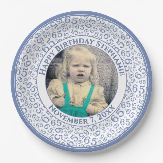 65 Your Photo Random Number Pattern Blue/White ペーパープレート (正面)
