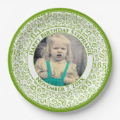 65 Your Photo Random Number Pattern Green/White ペーパープレート (正面)