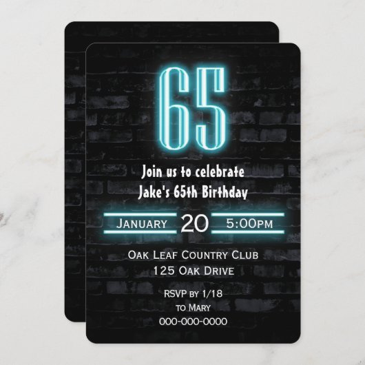 65th誕生日パーティネオンサインオンブリック 招待状 (正面/裏面)