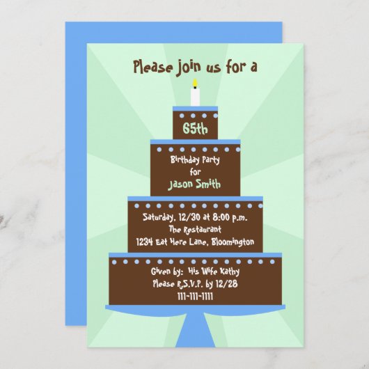 65th誕生日パーティーの招待状を緑で飾る 招待状 (正面/裏面)