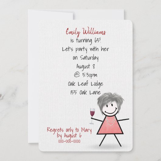 65th誕生日パーティーガールwithワイン 招待状 (正面)