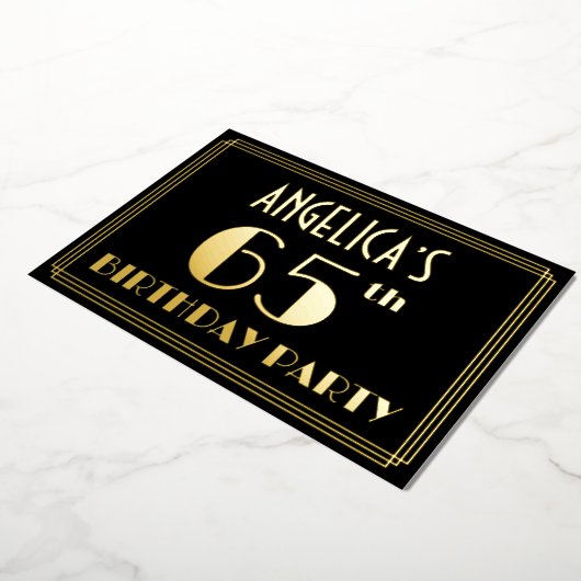 65th誕生日パーティー:アールデコ見る"65",名前と 箔招待状 (回転した状態)