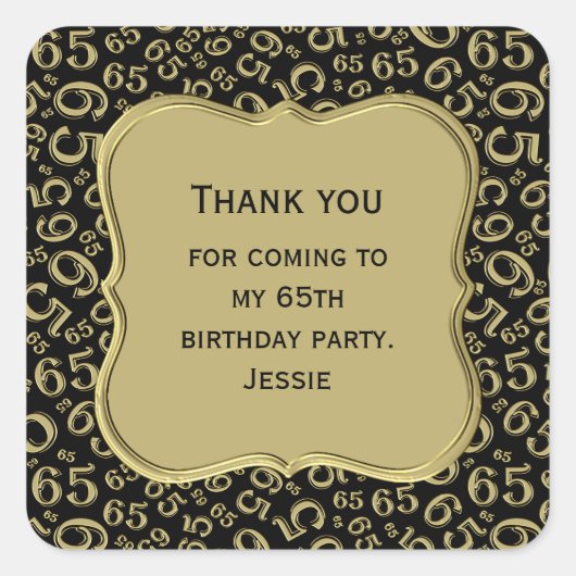 65th誕生日金ゴールド/ブラックパーティーテーマ – ありがとうございます スクエアシール (正面)