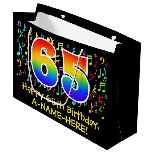 65th誕生日-カラフル音楽シンボル， Rainbow 65 ラージペーパーバッグ (正面アングル)