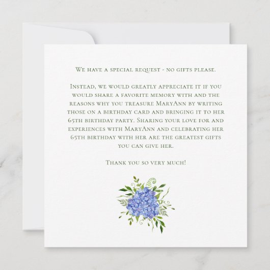 65th Birthday Blue Hydrangeas Card Request  招待状 (裏面)