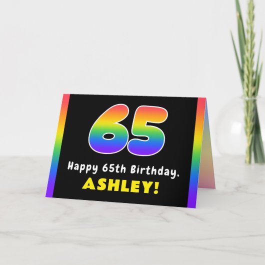 65th Birthday: Colorful Rainbow # 65, Custom Name カード (正面)