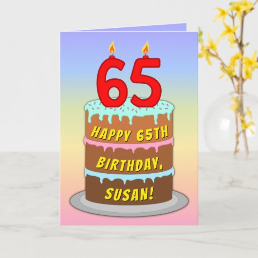 65th Birthday — Fun Cake & Candles, w/ Custom Name カード (黄色い花)