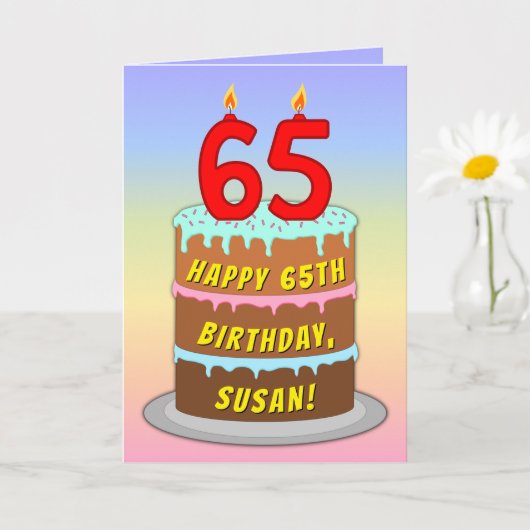 65th Birthday — Fun Cake & Candles, w/ Custom Name カード (小さな植物)
