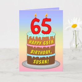 65th Birthday — Fun Cake & Candles, w/ Custom Name カード