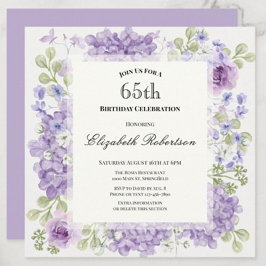 65th Birthday Invitation Elegant Purple Flowers 招待状
