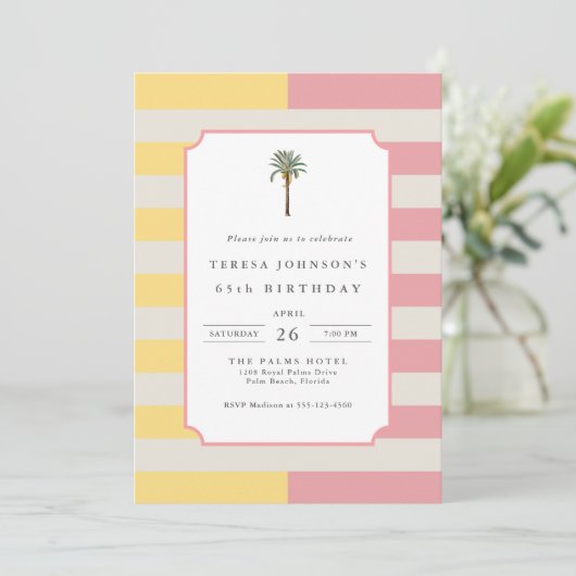 65th Birthday Palm Beach Pastel Stripe Tropical 招待状 (スタンド正面)