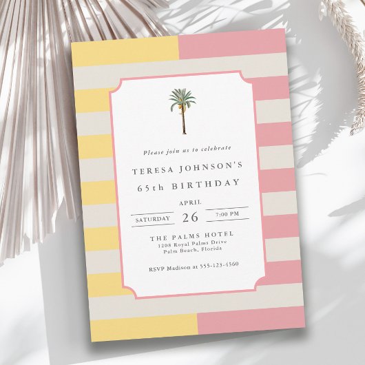 65th Birthday Palm Beach Pastel Stripe Tropical 招待状