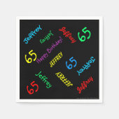 65th Birthday Party繰り返し名前,ブラック紙 スタンダードカクテルナプキン (正面)