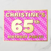 65th Birthday Party —おもしろいピンクハートとストライプ 箔招待状 (正面)