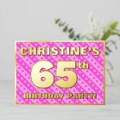 65th Birthday Party —おもしろいピンクハートとストライプ 箔招待状 (立ち正面)