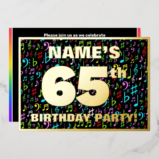 65th Birthday Party —おもしろい、音楽シカラフルンボル 箔招待状 (正面/裏面)