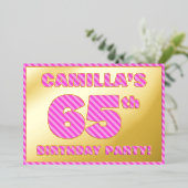 65th Birthday Party — はっきりした、おもしろい、ピンクストライプ色65 箔招待状 (立ち正面)