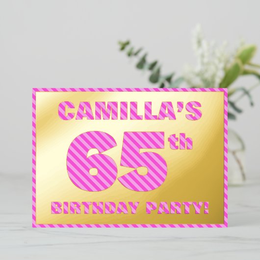 65th Birthday Party — はっきりした、おもしろい、ピンクストライプ色65 箔招待状 (立ち正面)