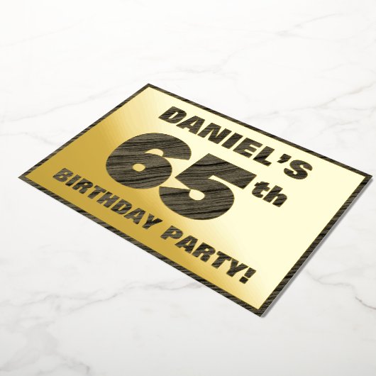 65th Birthday Party — はっきりしたWood Grainフェイク文字 箔招待状 (回転した状態)