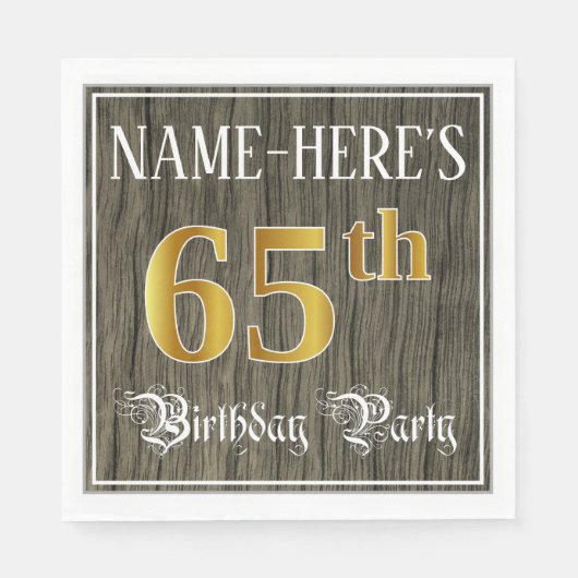 65th Birthday Party — フェイク金ゴールド&ウッドフェイク・ルックス スタンダードランチョンナプキン (正面)