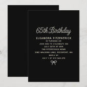 65th Birthday Party Black White Pearl Script Bow 招待状 (正面/裏面)