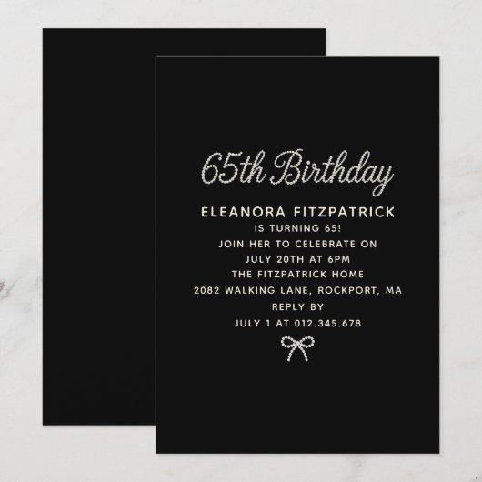 65th Birthday Party Black White Pearl Script Bow 招待状 (正面/裏面)