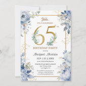 65th Birthday Party Elegant Dusty Blue Floral 招待状 (正面)