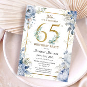 65th Birthday Party Elegant Dusty Blue Floral 招待状