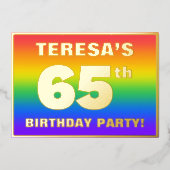 65th Birthday Party: Fun, Colorful Rainbow Pattern 箔招待状 (正面)