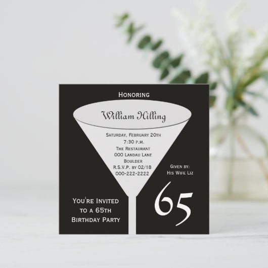 65th Birthday Party Invitation 65 in Black 招待状 (スタンド正面)
