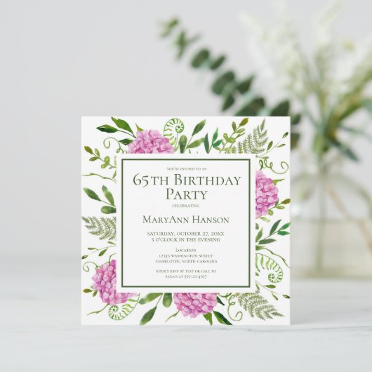 65th Birthday Pink Hydrangeas Card Request  招待状 (スタンド正面)
