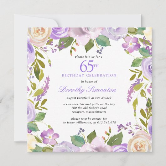 65th Birthday Pretty Purple Floral Invitation 招待状 (正面)