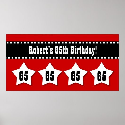 65th Birthday Red Black White Stars Banner V65S ポスター (正面)