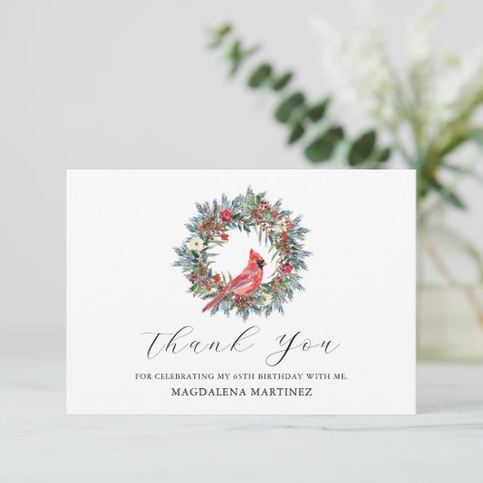 65th Birthday Red Cardinal Wreath Custom Flat サンキューカード (スタンド正面)