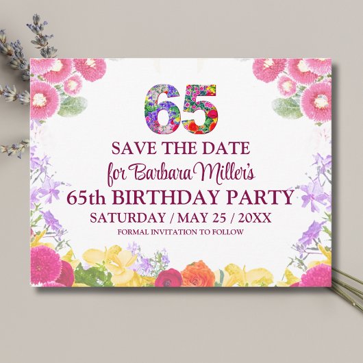 65th Birthday Save the Date, Blush Bloom Floral 65 案内ポストカード