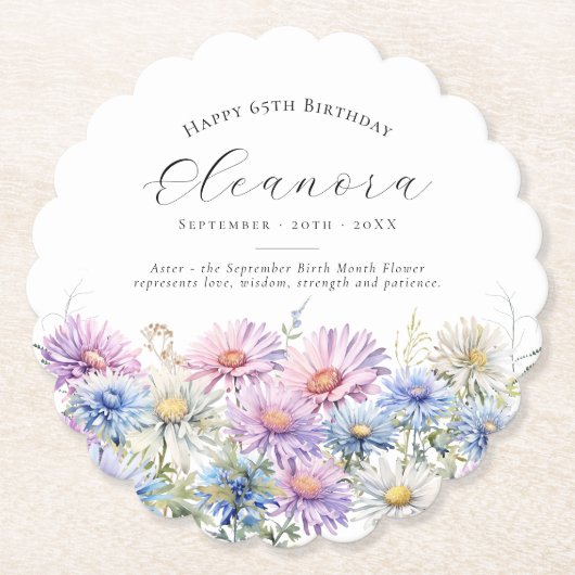 65th Birthday September Birth Flower Custom ペーパーコースター (正面)