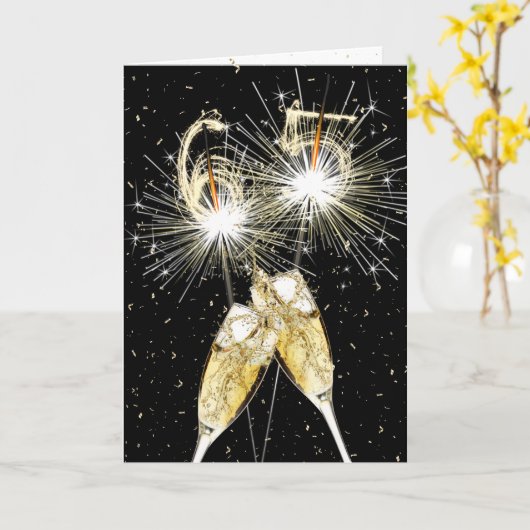 65th Birthday Sparklers and Champagne Toast カード (黄色い花)