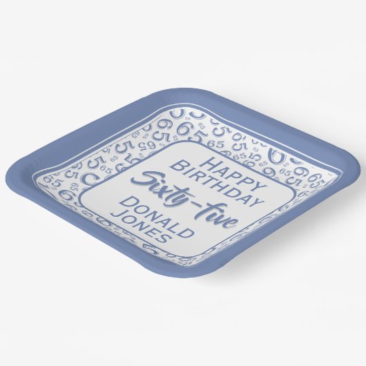 65th Party Random Number Pattern Blue/White ペーパープレート (傾斜あり)