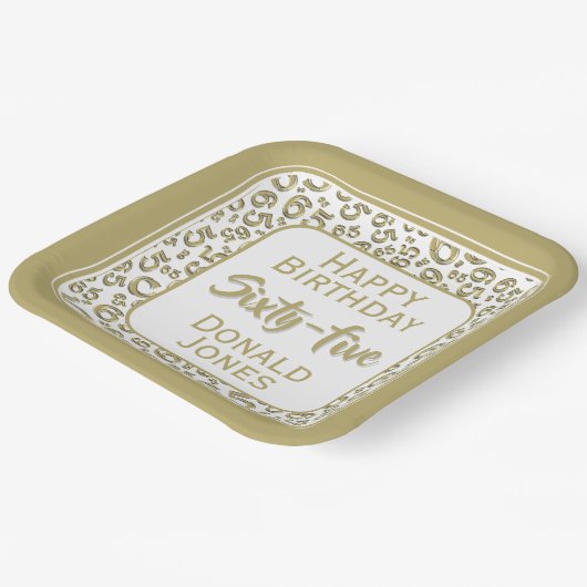 65th Party Random Number Pattern Gold/White ペーパープレート (傾斜あり)