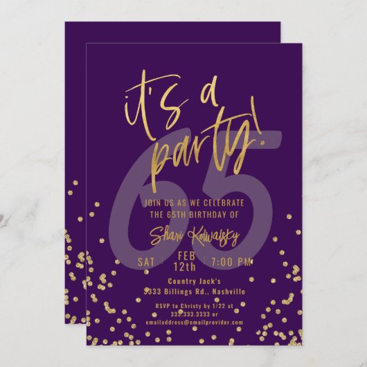 65th Purple and Gold Fun Birthday Party 招待状 (正面/裏面)