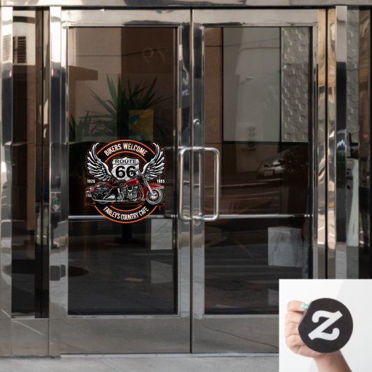 66ルカスタマイズートカフェガレージガソリンスタンドバイクもしくは自転車に乗る人 ウィンドウサイン (オフィスドア)