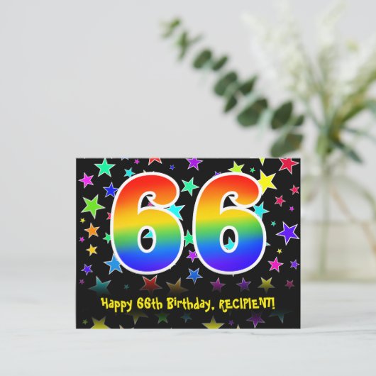 66歳の誕生日おめでとう:楽しいスター柄、虹66、名前 ポストカード (スタンド正面)