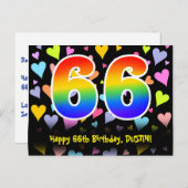 66歳の誕生日おめでとう:楽しいハート柄、虹色66 ポストカード (正面/裏面)