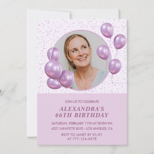 66歳の誕生日招待状 写真 紫色の風船 招待状 (正面)