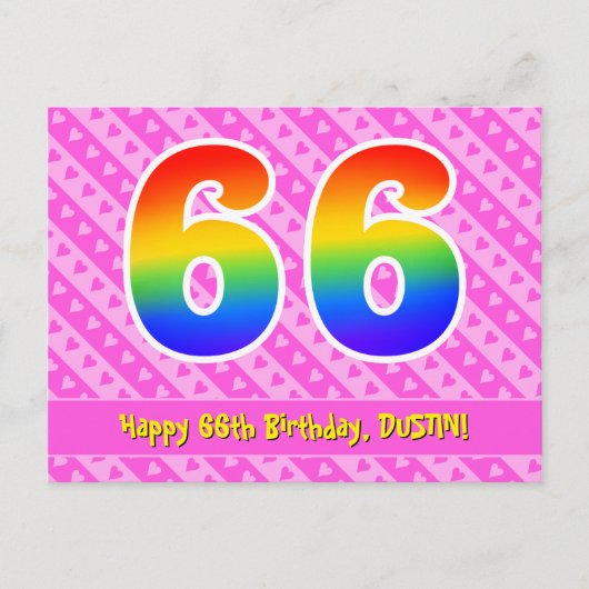 66歳の誕生日:ピンクのストライプとハート、虹色66 ポストカード (正面)