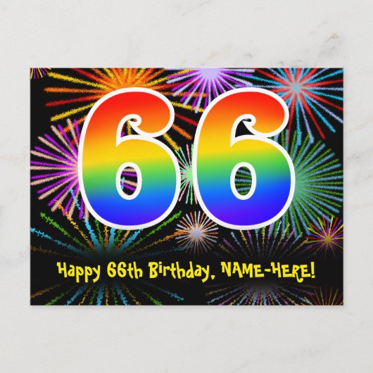 66歳の誕生日 – 楽しい花火模様 + 虹 66 ポストカード (正面)