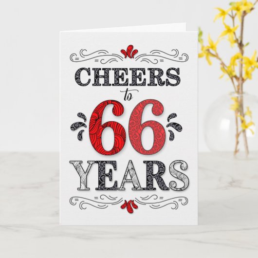 66番目の誕生日応援の赤い白い黒のパターン カード (黄色い花)